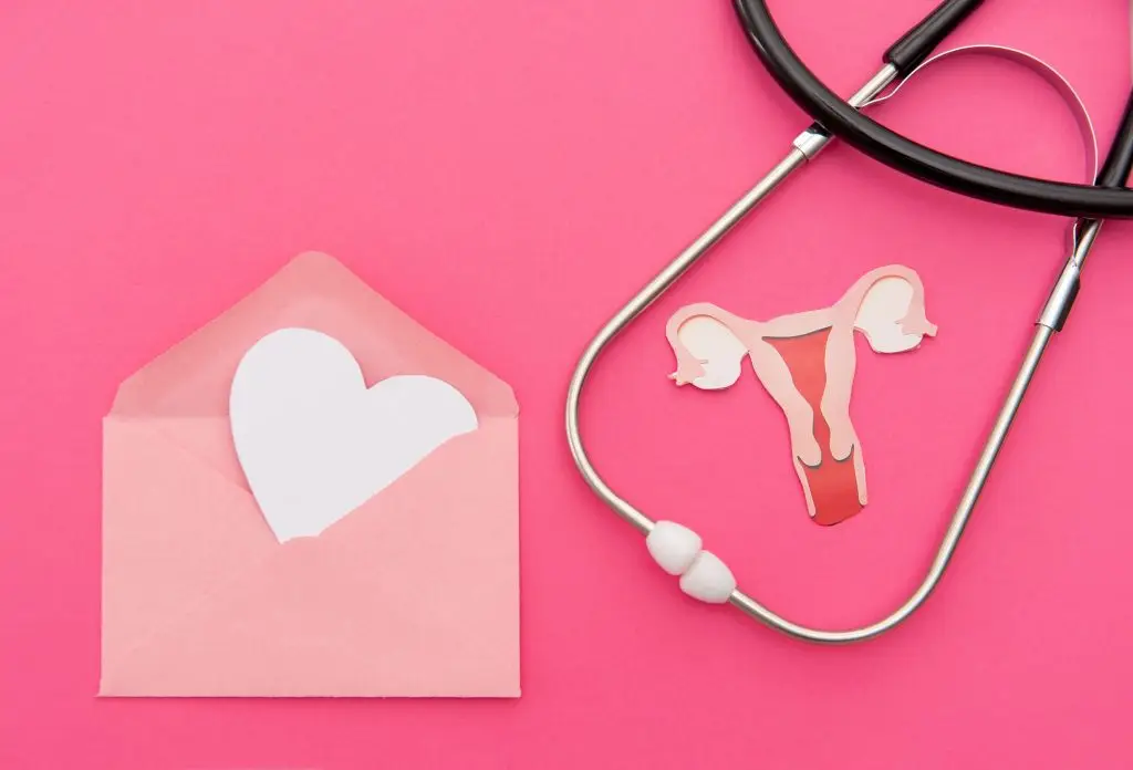 Stethoscope with uterus cutout and heart in envelope on pink background, women's health